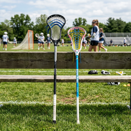 Two lacrosse sticks leaning on a wooden bench with players in the background