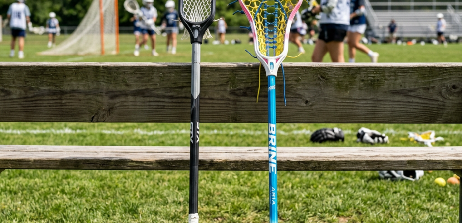 Two lacrosse sticks leaning on a wooden bench with players in the background